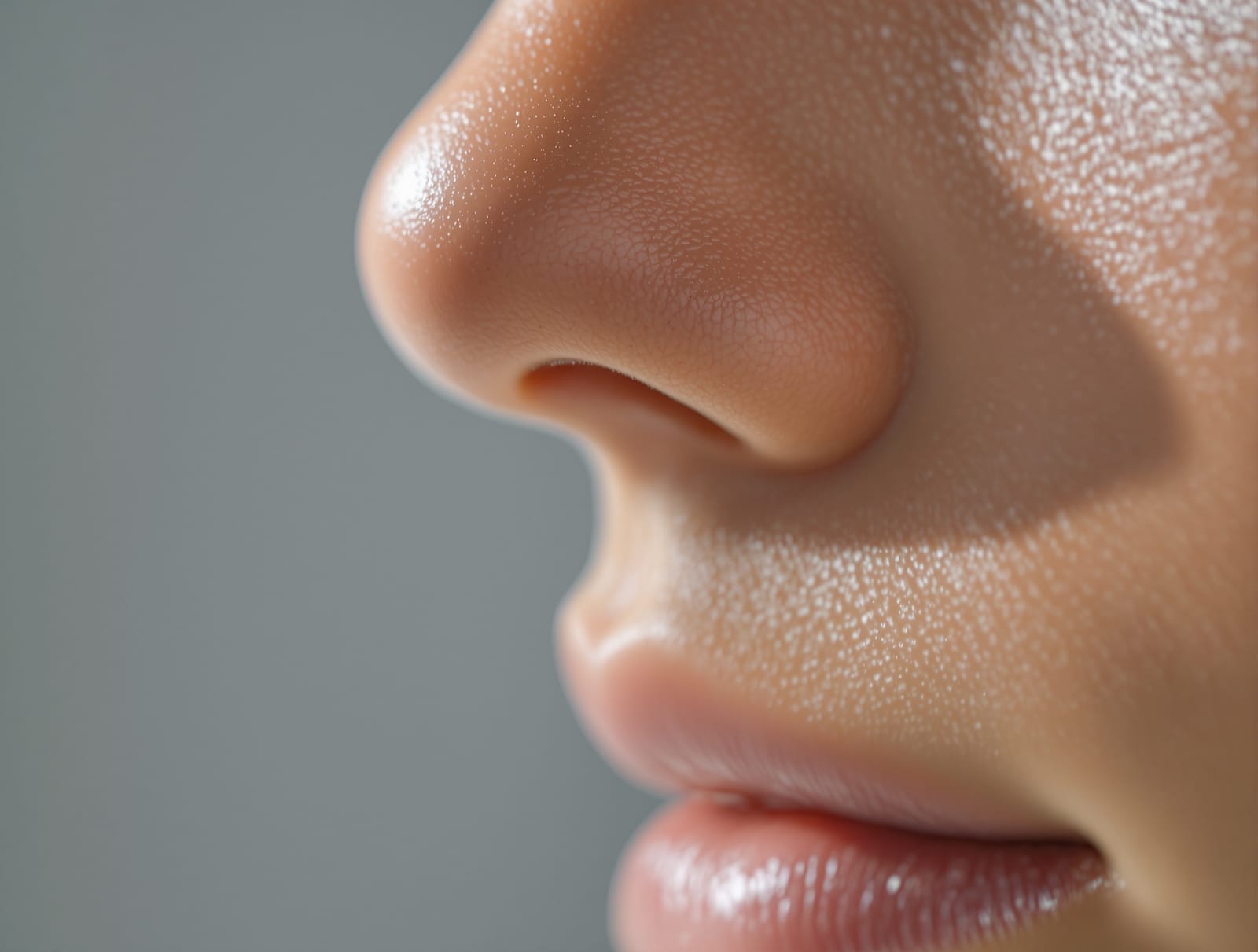 Frontal close-up of the base of a human nose showing the nostrils and alar rims in soft even light