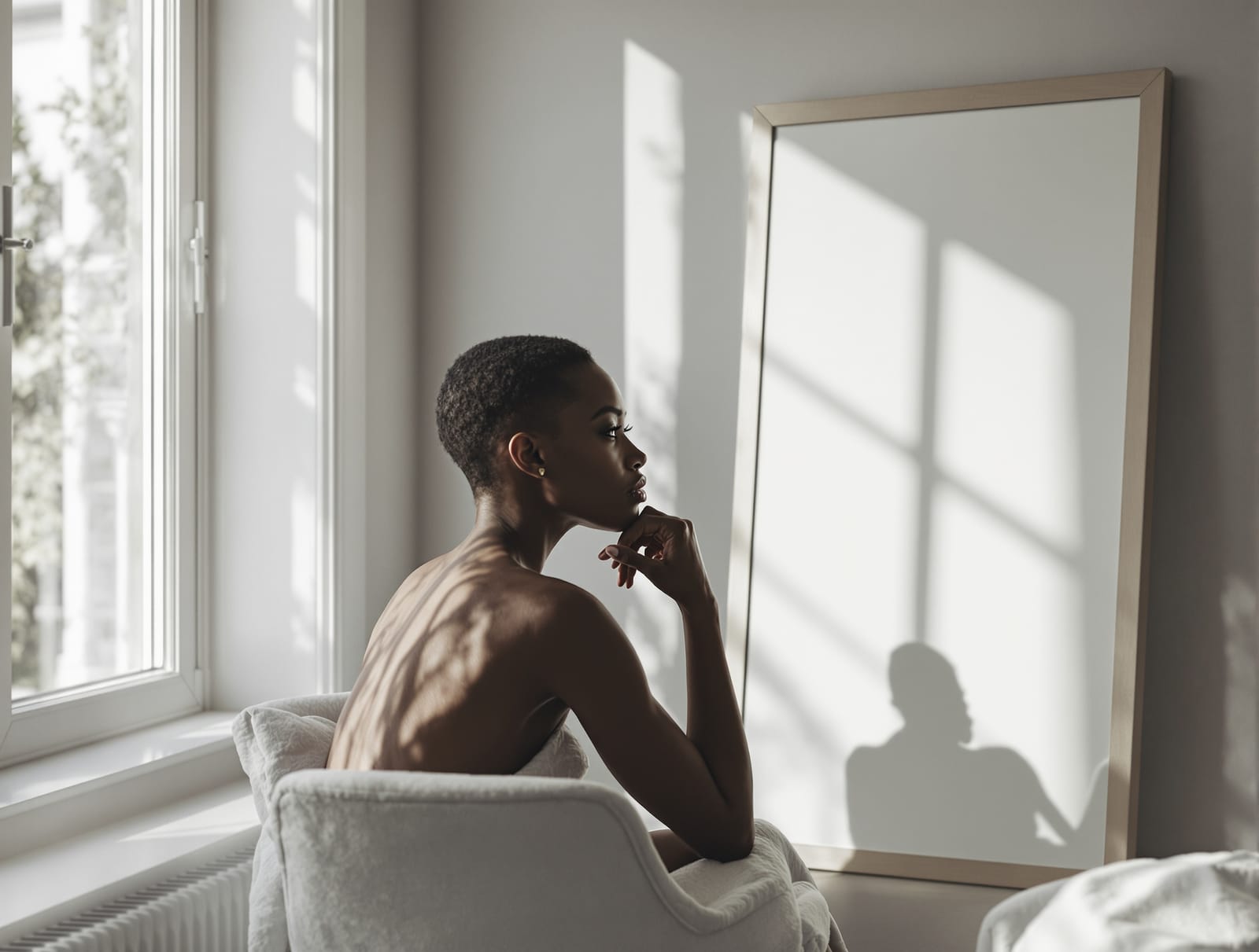 A thoughtful adult sitting quietly by a window in soft daylight, reflecting on their appearance