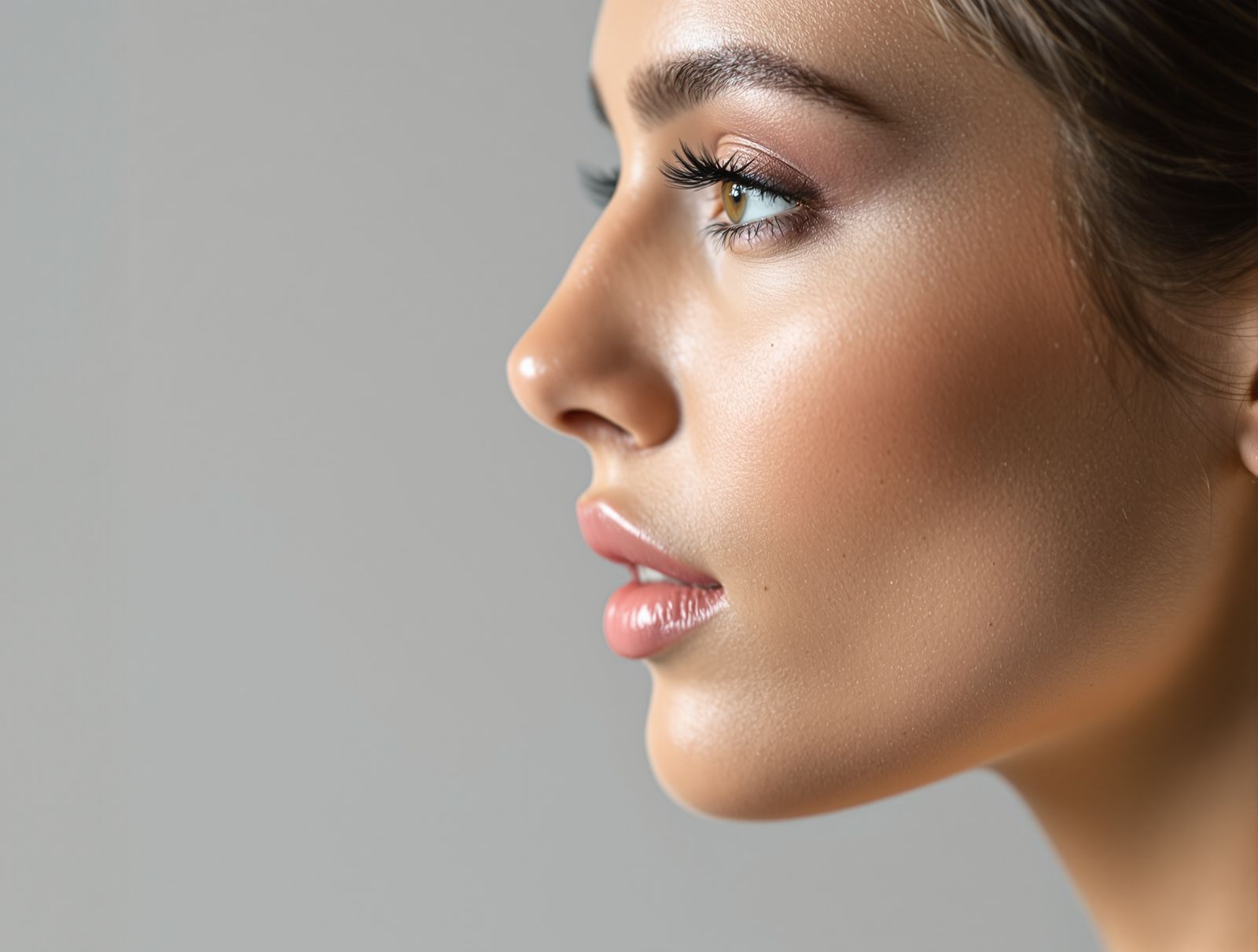 Elegant studio side profile of an adult showing the balance between the nose and chin against a soft grey backdrop