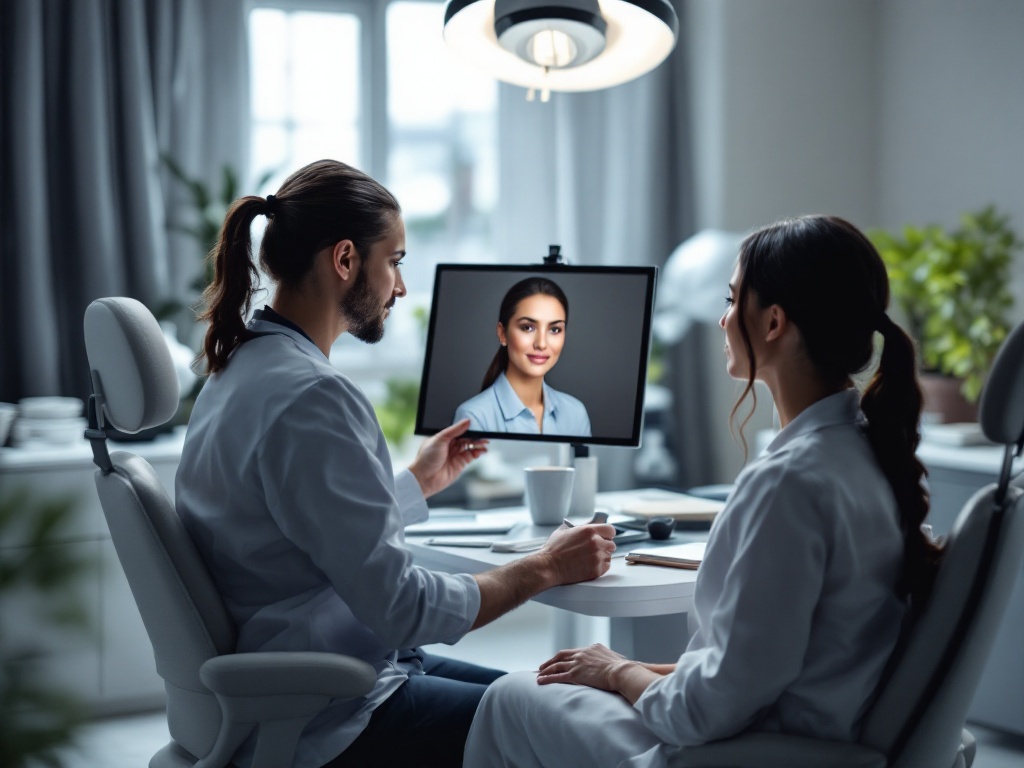 A plastic surgeon reviewing a profile photo with a patient in a clinic consultation room