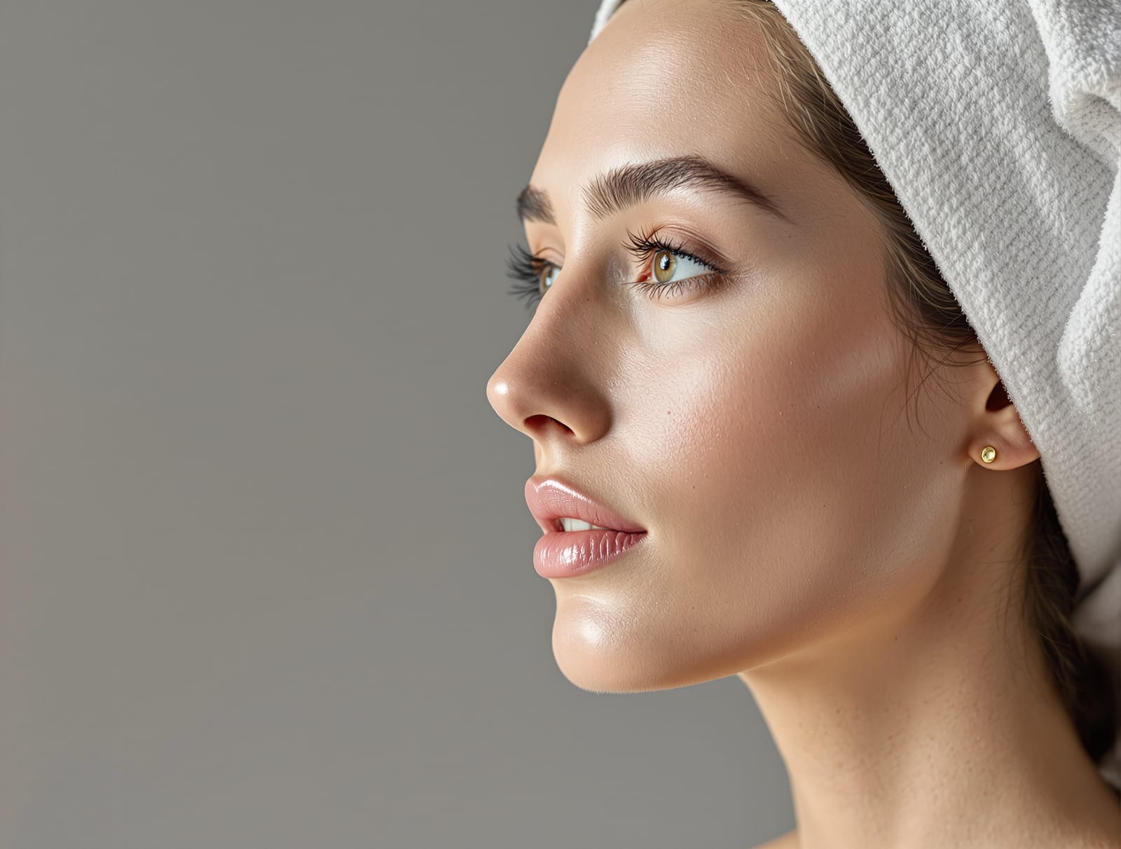 Elegant three-quarter profile portrait of an adult with a natural, character-preserving nose in soft studio light