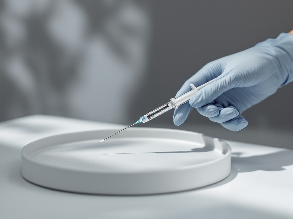 A gloved hand holding a fine dermal-filler syringe on a neutral grey tray