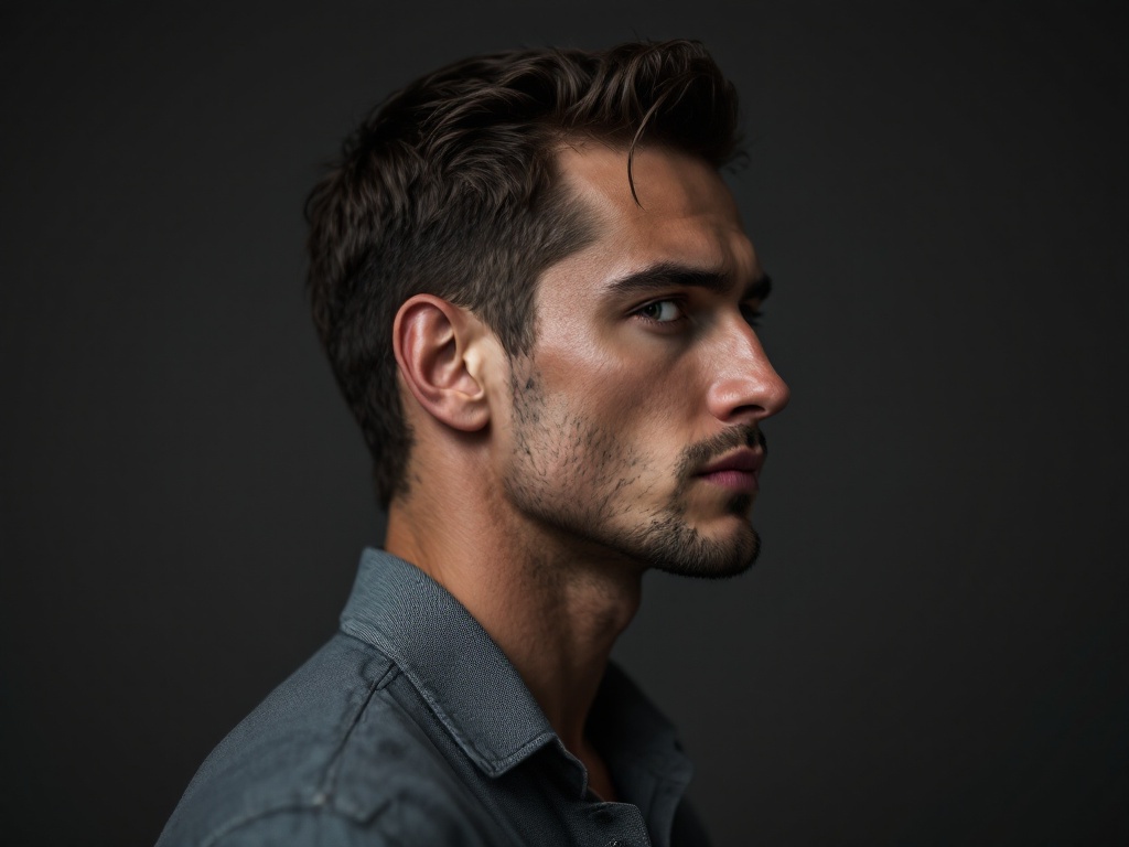 Strong masculine side-profile portrait against a charcoal grey backdrop
