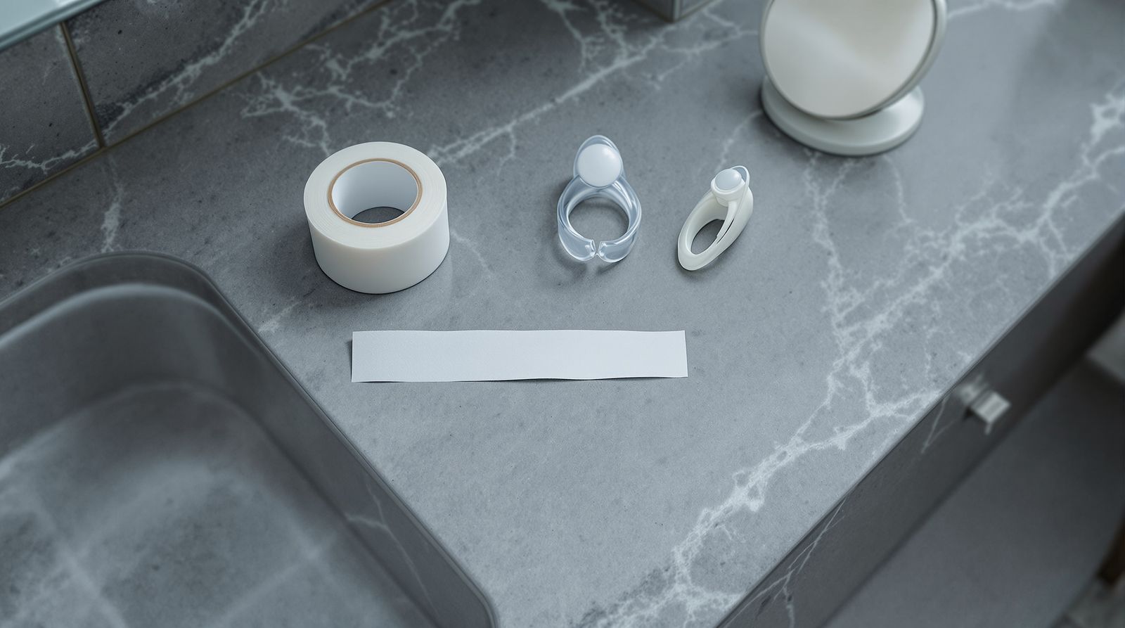 Overhead still life of a small plastic nose clip, a roll of paper surgical tape, and a hand mirror on a grey bathroom counter