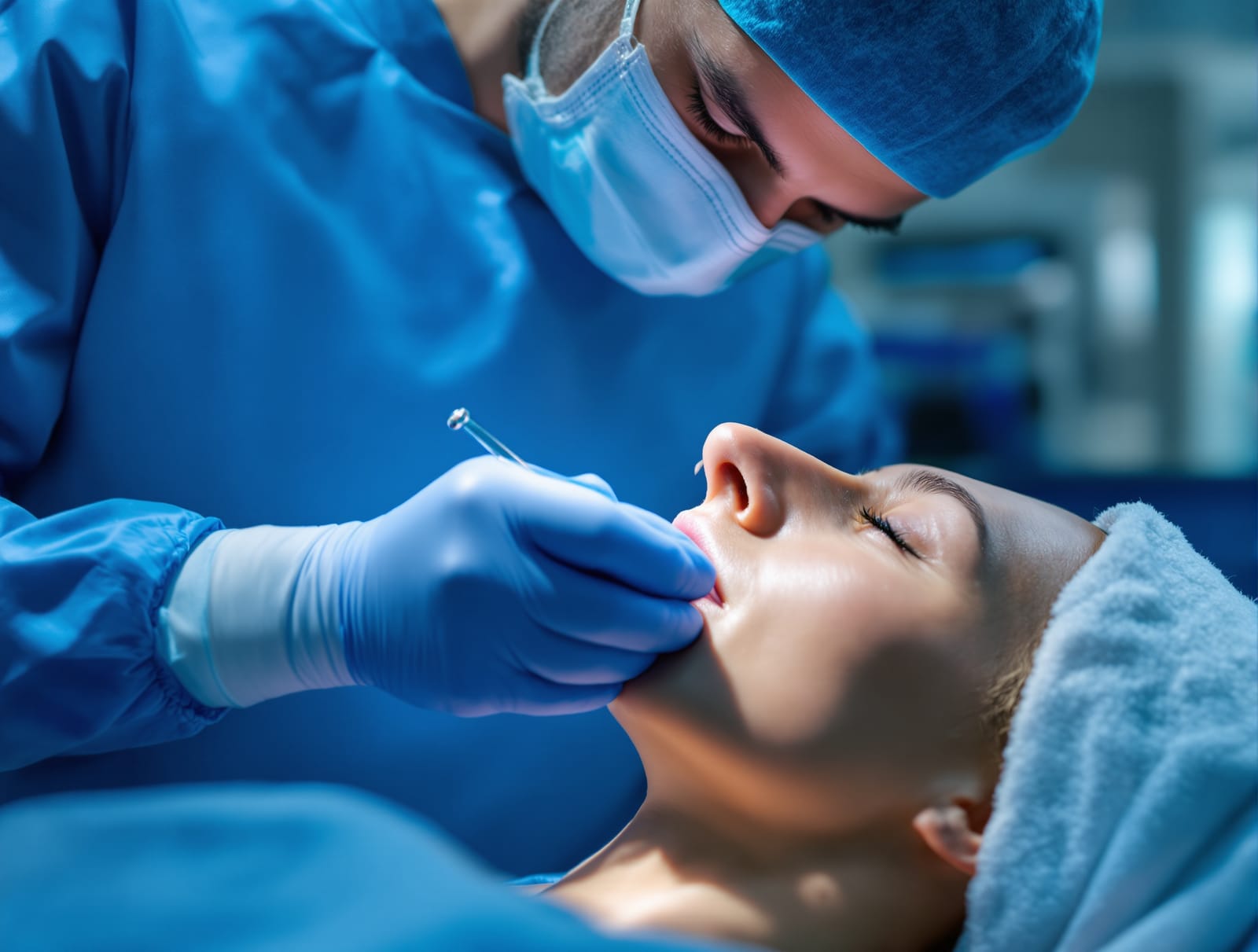 A facial plastic surgeon in the operating room performing detailed rhinoplasty work under bright surgical light