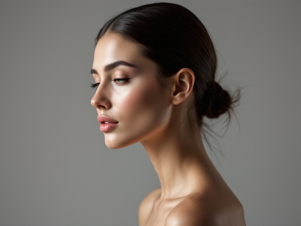 Elegant studio side profile of a woman with a smooth straight natural nasal bridge against a grey backdrop