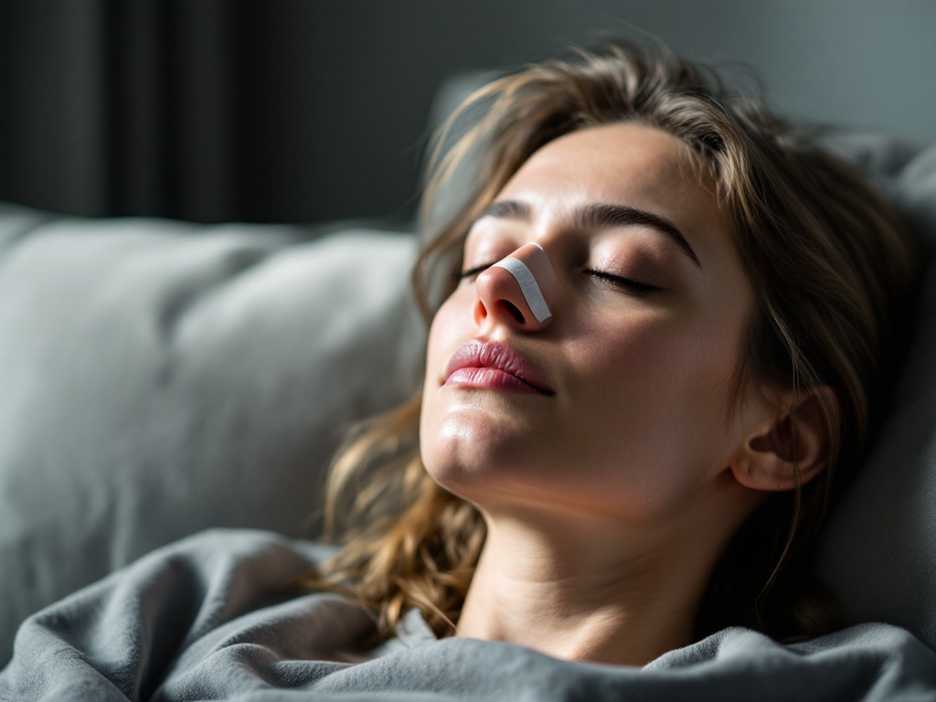 An adult resting at home with a small strip of tape across the nose during recovery