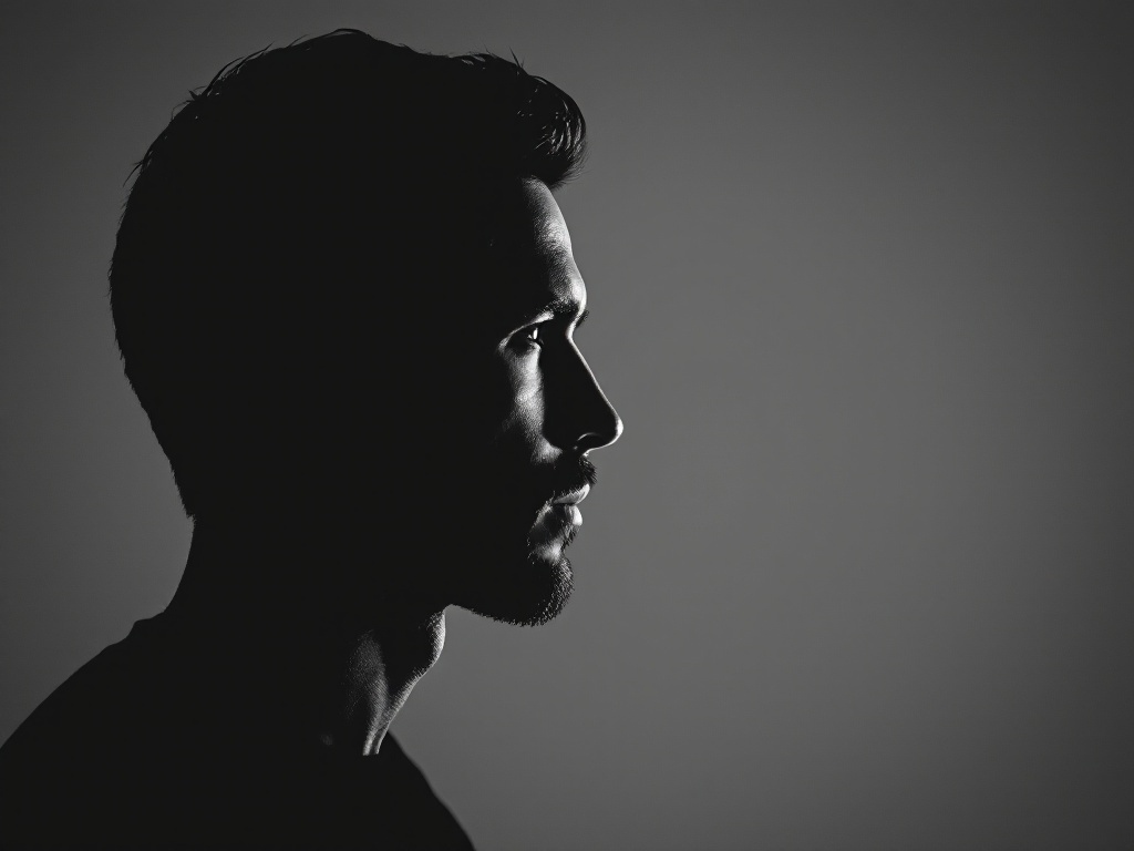 Dramatic side-profile silhouette of a man's face with the nasal bridge rim-lit