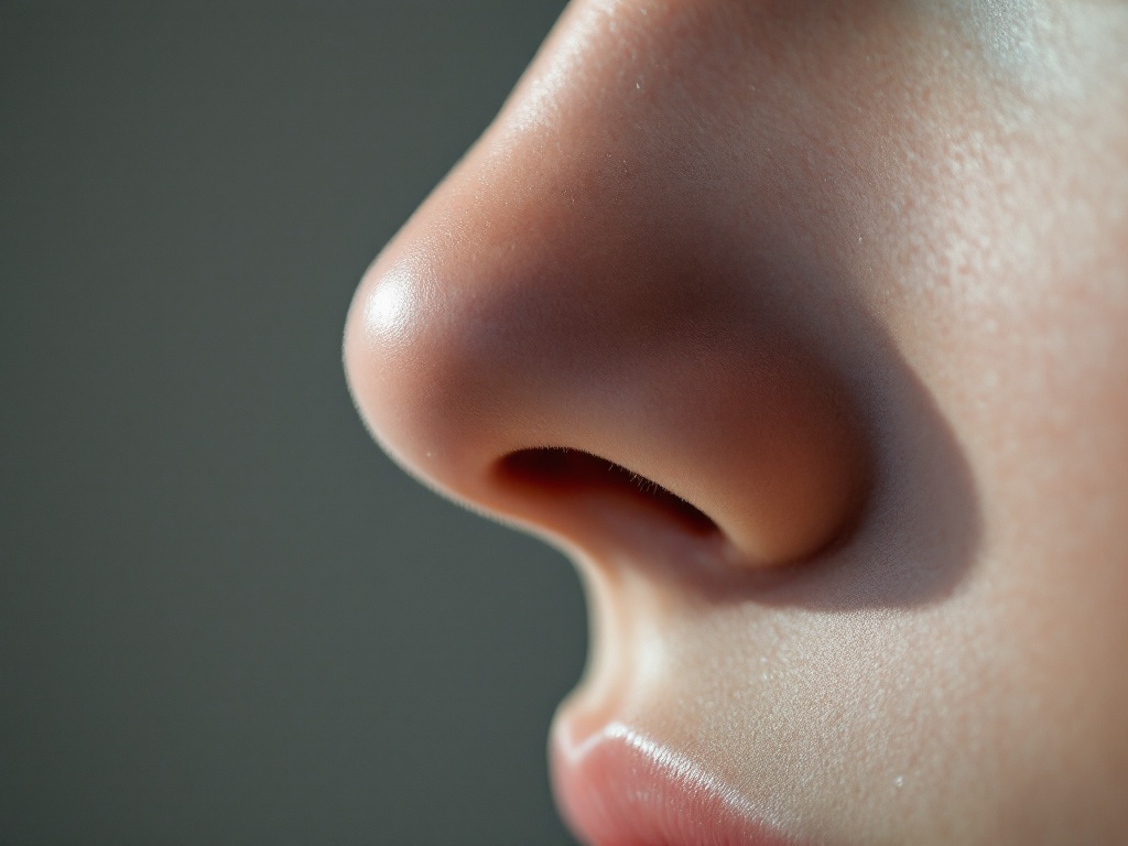 Close-up of the lower tip of a human nose in soft natural light