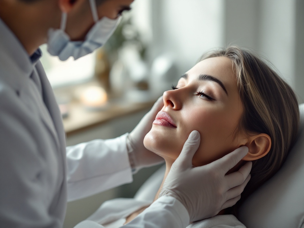 A masked facial plastic surgeon gently assessing a calm patient's nasal profile in a bright consultation room