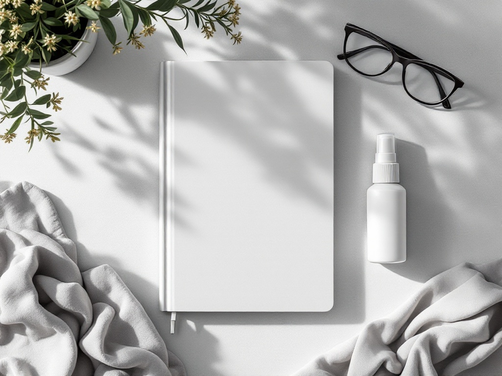 Overhead still life of a blank weekly planner, saline nasal spray, folded compress, and glasses on a grey surface