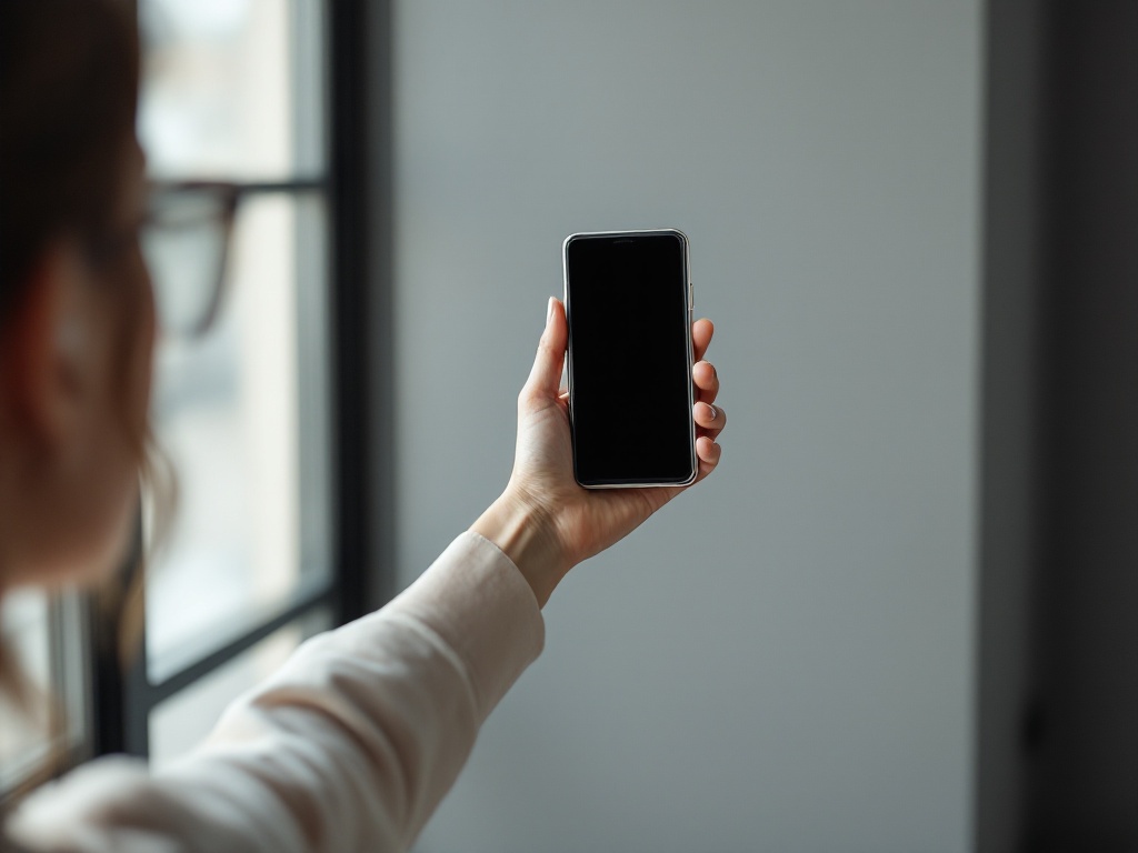 A woman's outstretched arm holding a smartphone at selfie distance in soft window light