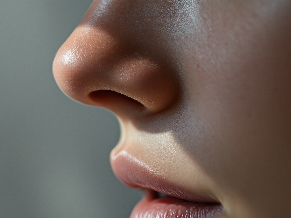 Macro detail of healthy skin texture across the bridge and tip of a nose
