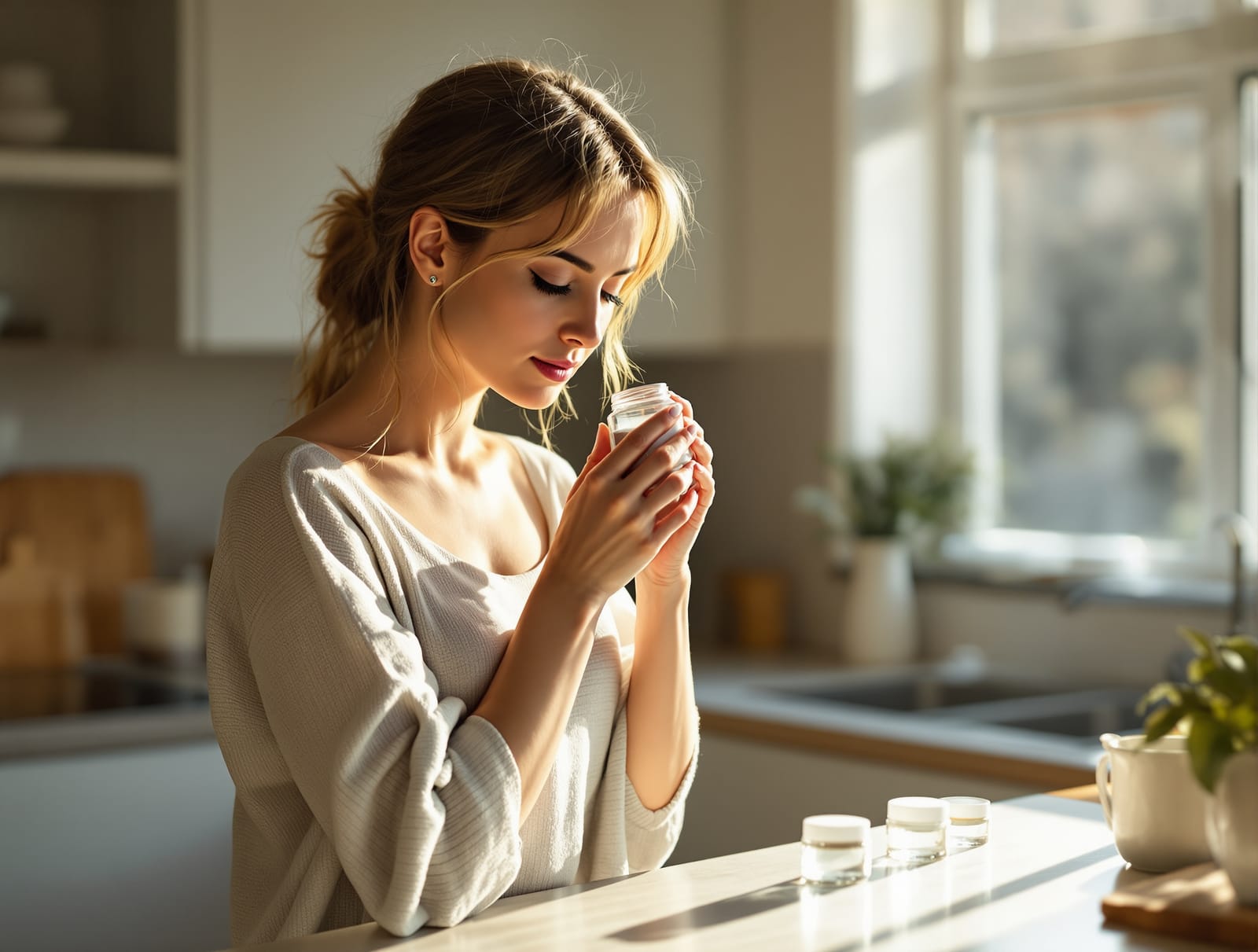 A woman in her thirties standing at a sunlit kitchen counter holding a small glass jar near her face, testing its scent