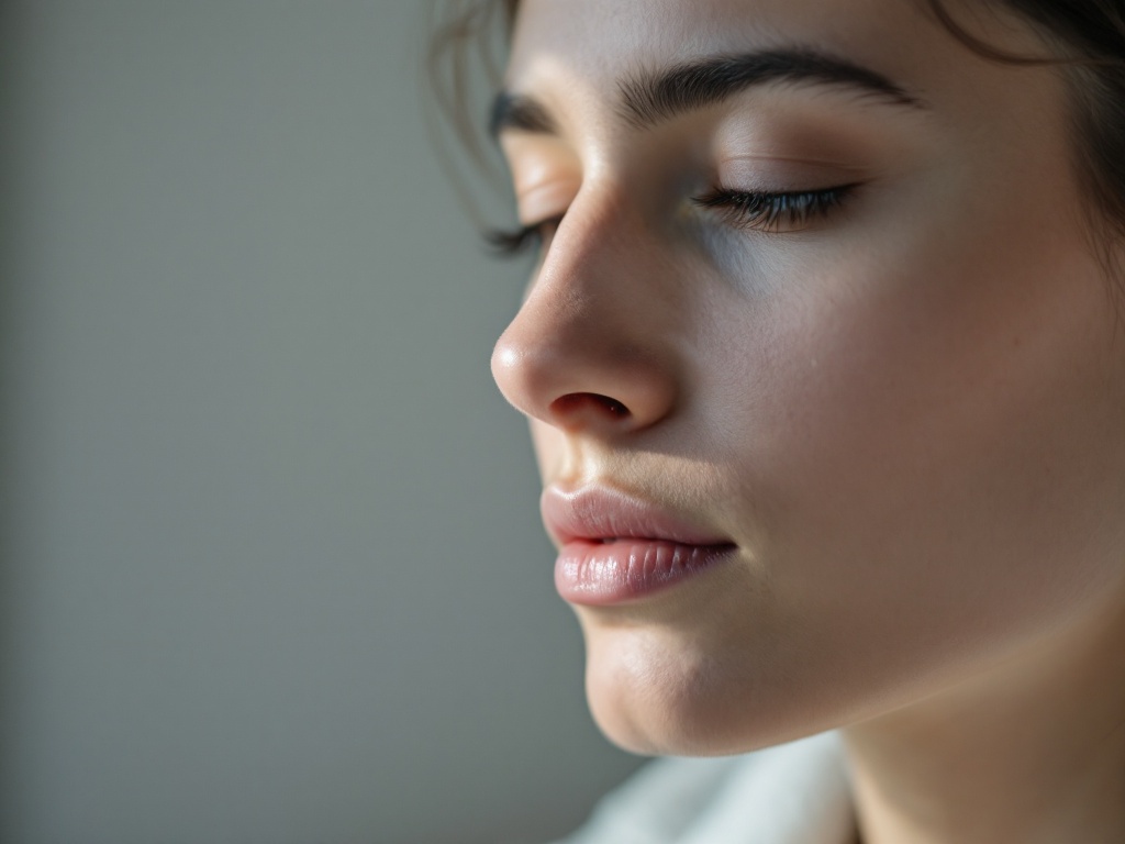 Close three-quarter portrait of an adult breathing calmly in window light
