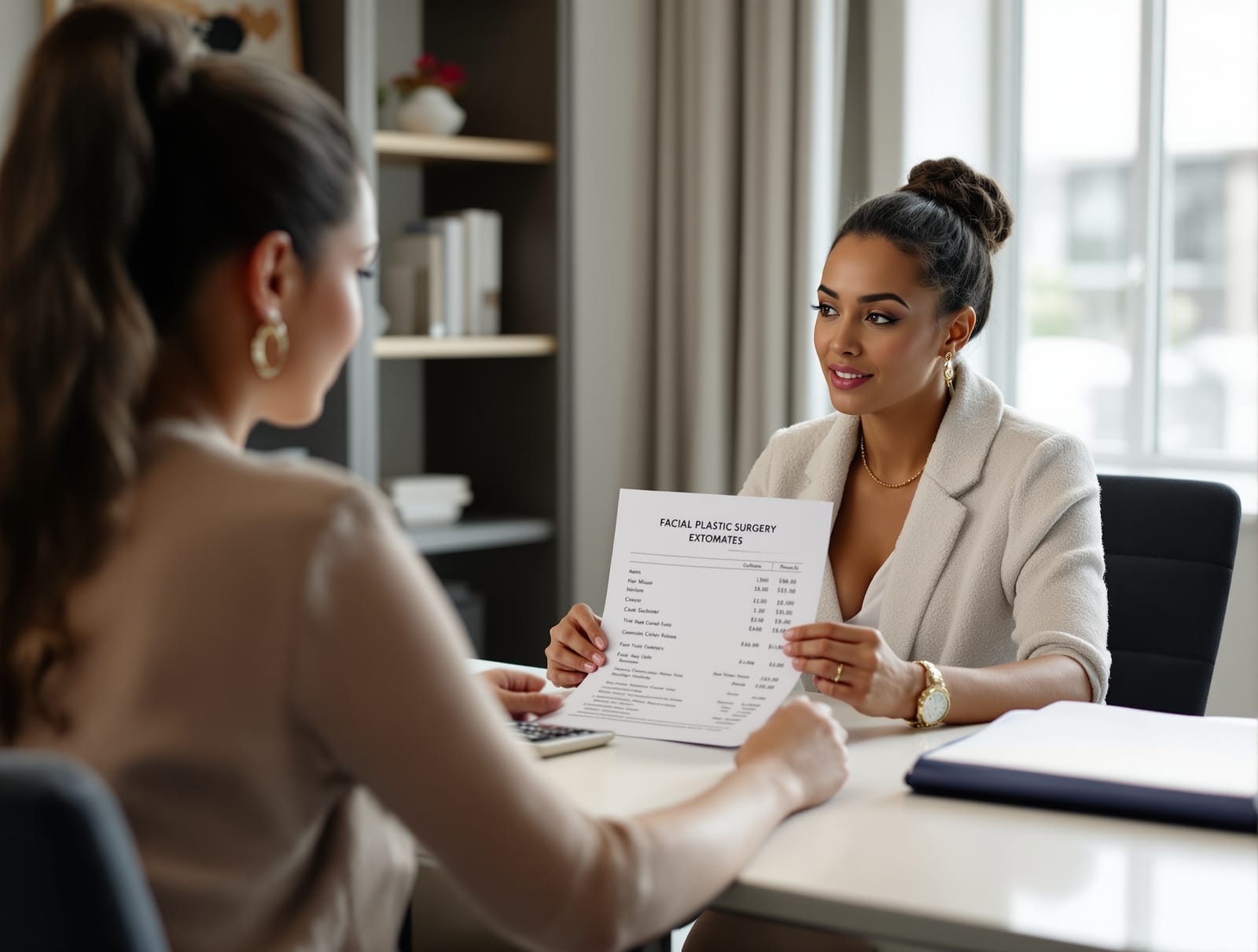 A patient reviewing an itemized surgical cost estimate with a practice coordinator at a desk in a bright consultation office