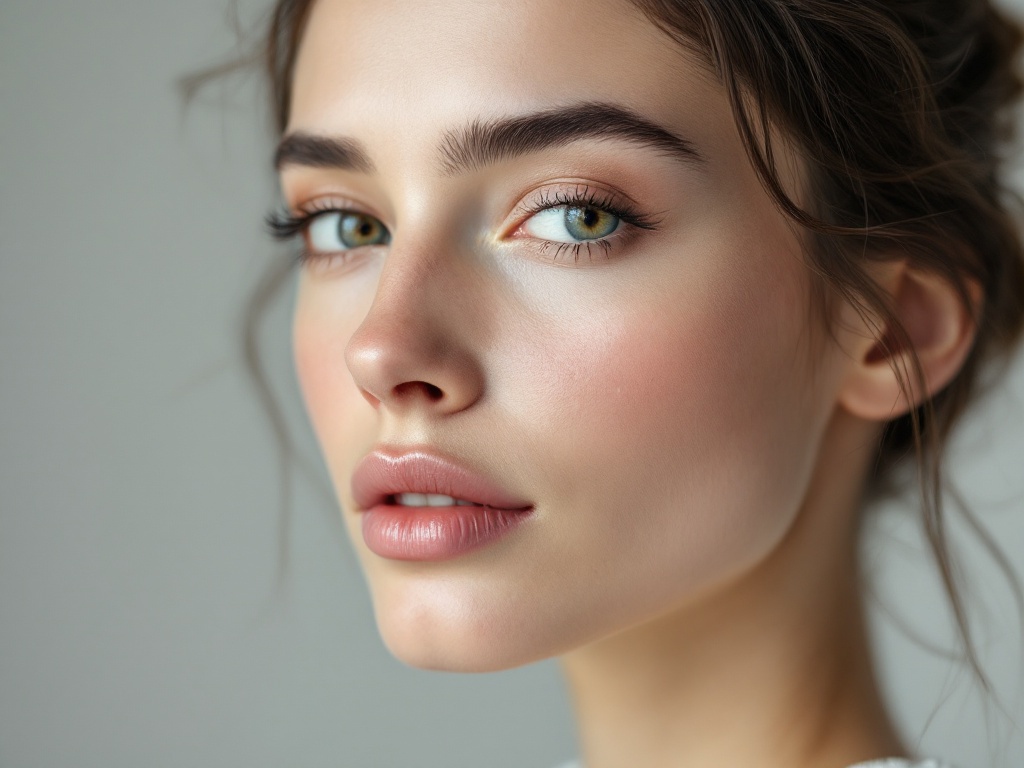 Soft three-quarter beauty portrait of an adult with a balanced natural nose
