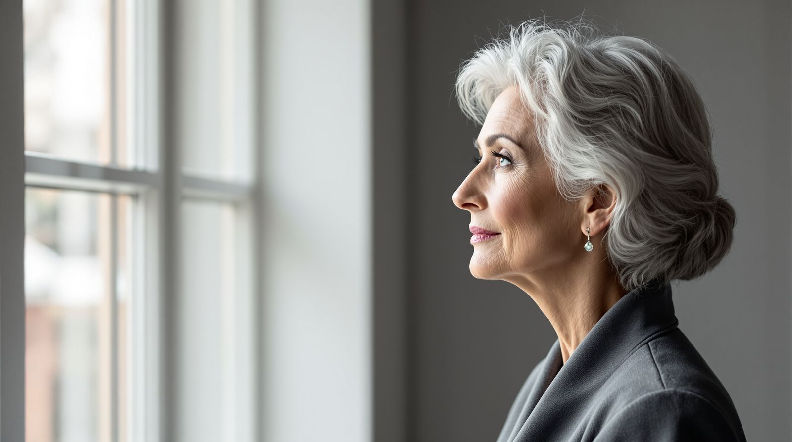 Soft window-lit side profile of an older adult with silver hair and a dignified natural nose